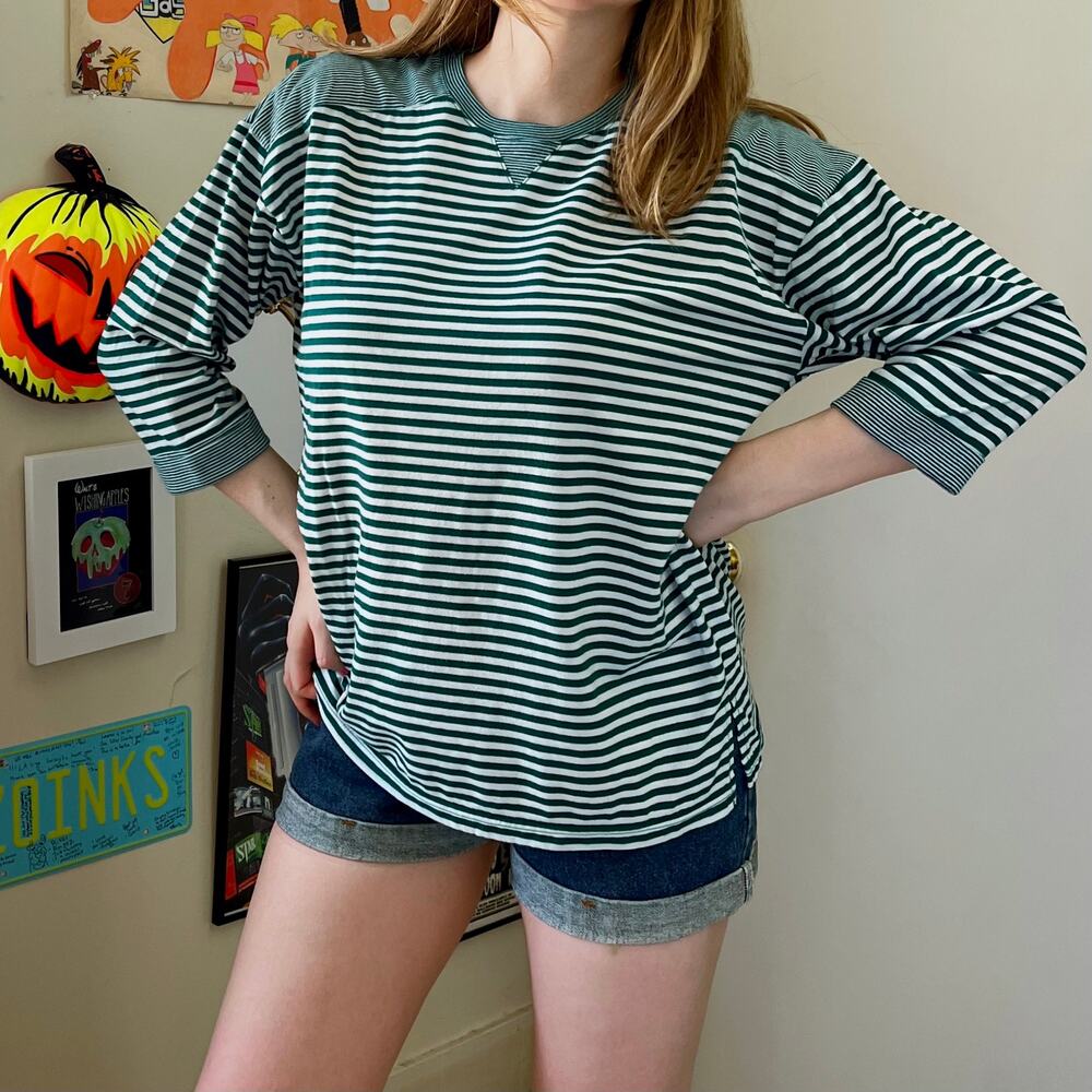 Vintage 1990s Needle & Threads Teal Striped T-Shirt Size Large